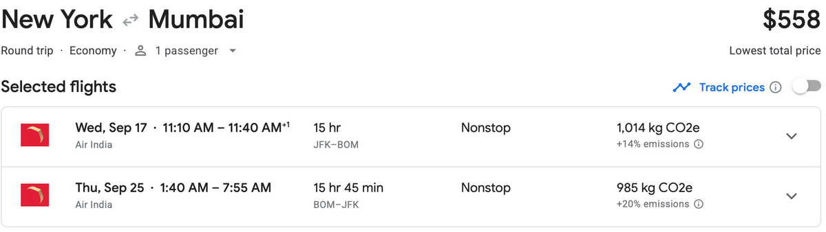 JFK BOM Air India cost