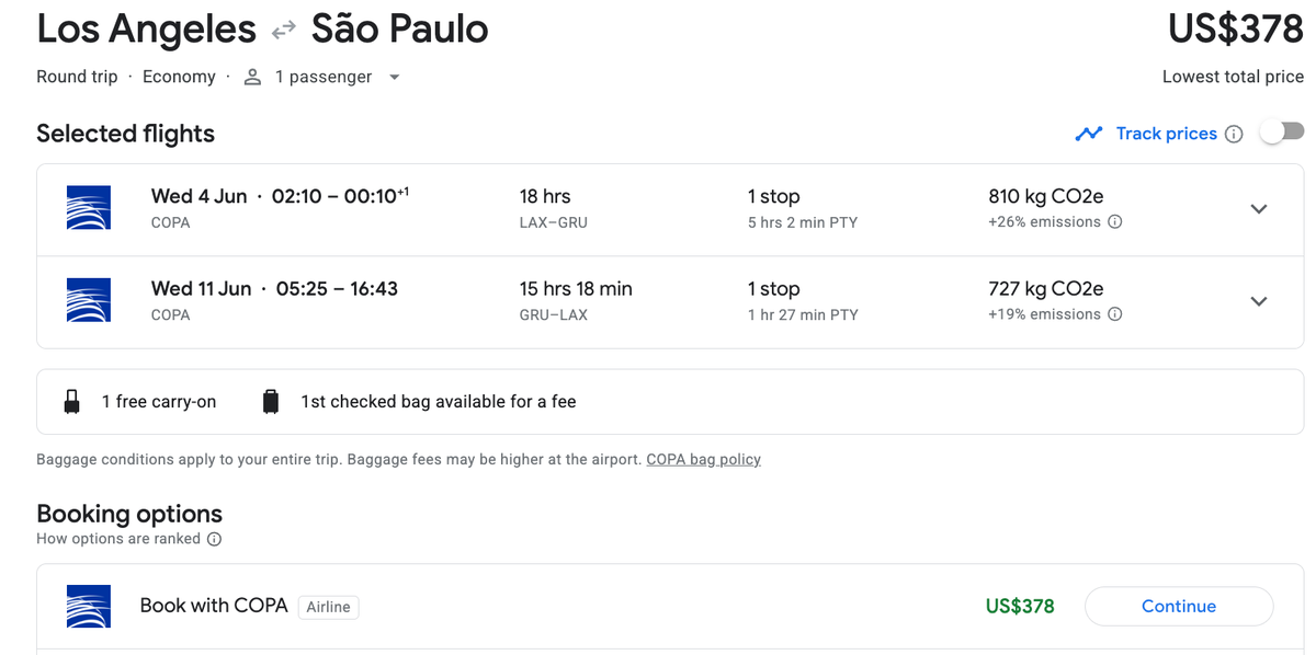 Los Angeles to Sao Paulo for 378