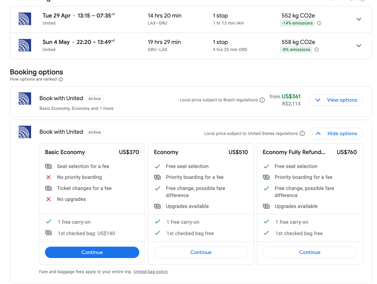 Los Angeles to Sao Paulo with United for 370