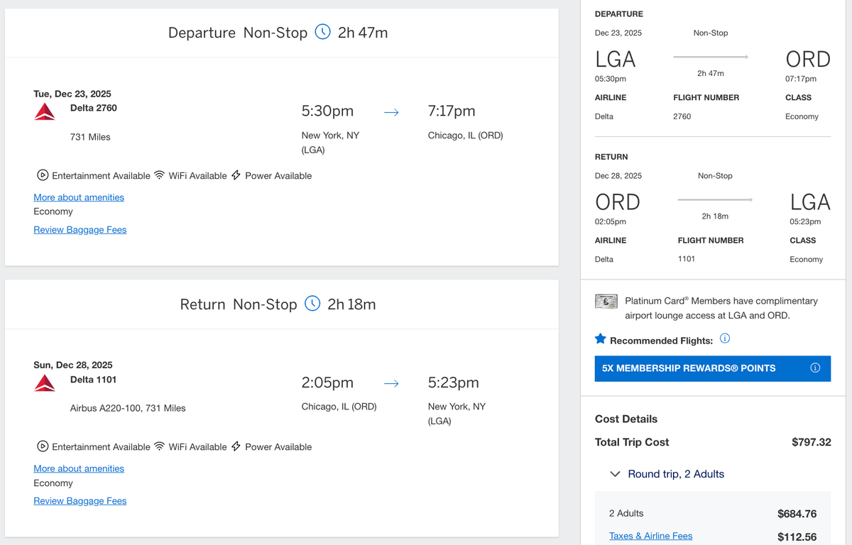 New York to Chicago flight itinerary on Google Flights in December