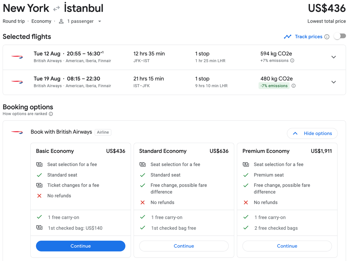 New York to Istanbul with BA cost