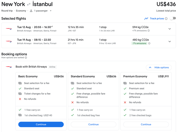 New York to Istanbul with BA cost