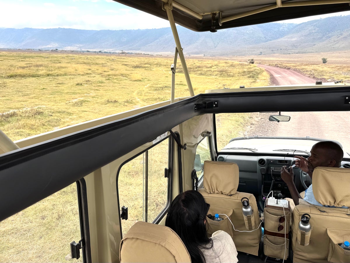 Ngorongoro Crater roof up in the Abercrombie and Kent van