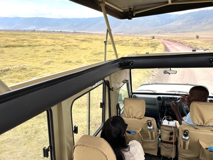 Ngorongoro Crater roof up in the Abercrombie and Kent van