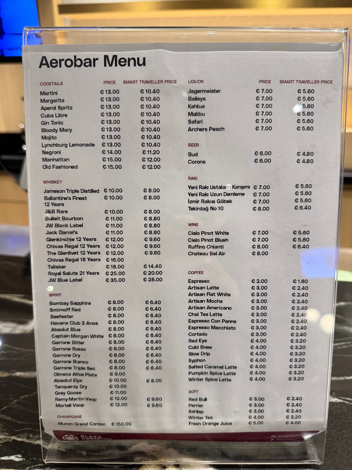 Plaza Premium Bosphorus Lounge SAW bar pricing