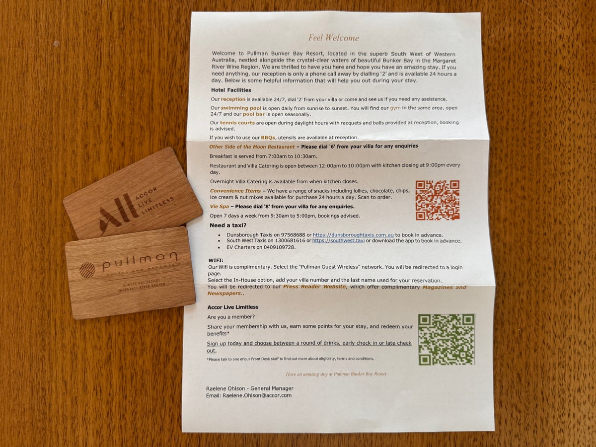 Pullman Bunker Bay Resort welcome letter keys
