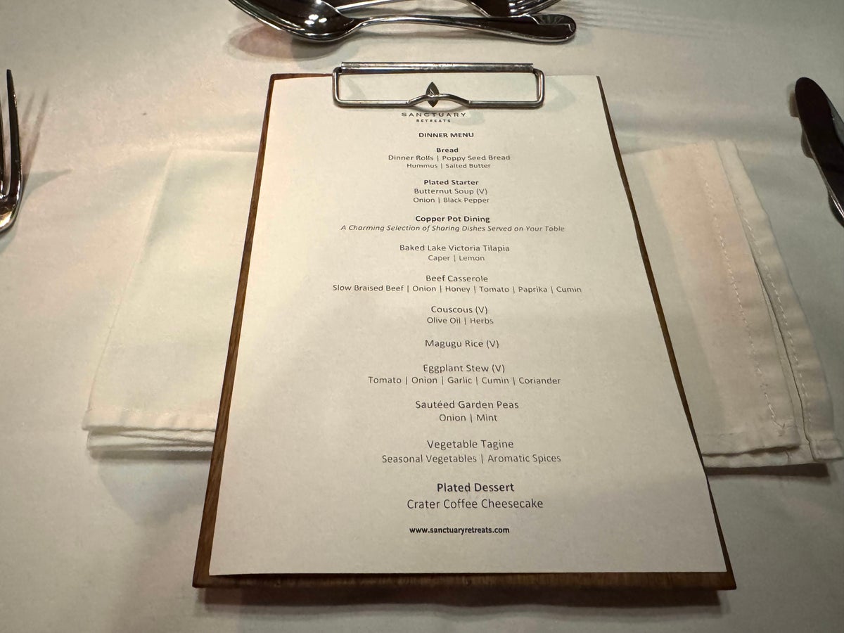 Sancturary Ngorongoro Camp dinner menu example