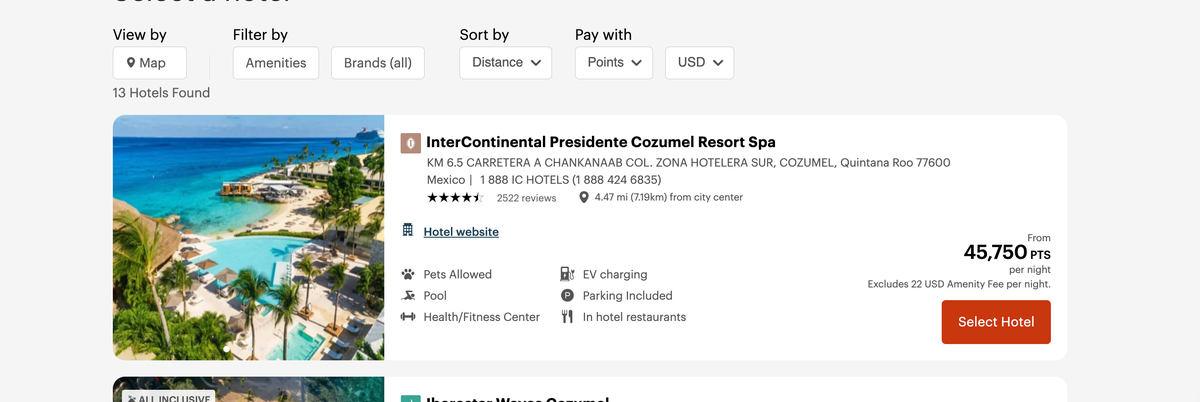 InterContinental Presidente Cozumel award rates