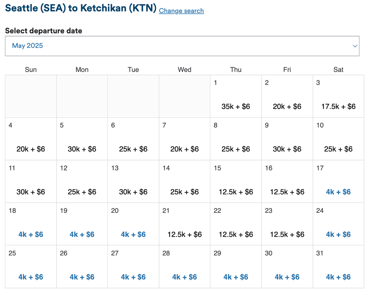 Seattle to Ketchickan award calendar with Alaska