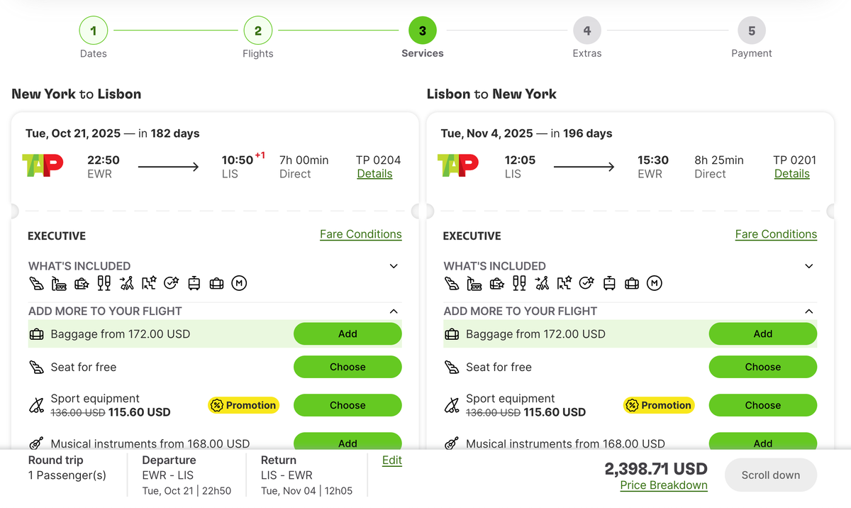 TAP Portugal business sale 2399 EWR LIS