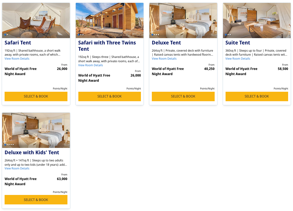 Under Canvas Moab World of Hyatt points cost