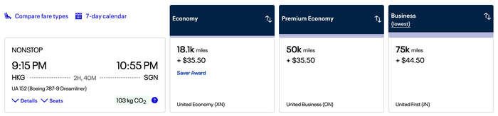 United Airlines award redemption HKG SGN