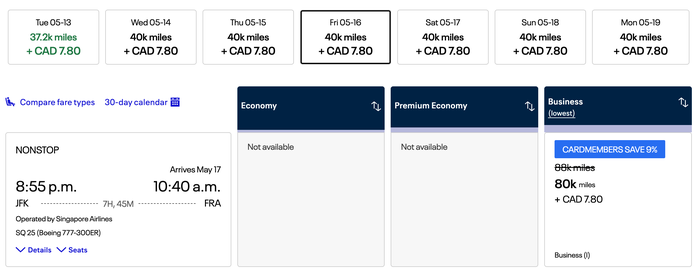 United award availability JFK FRA Canada location