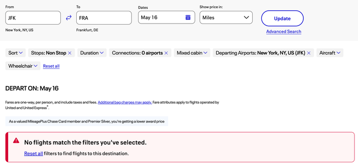 United award no availability JFK FRA