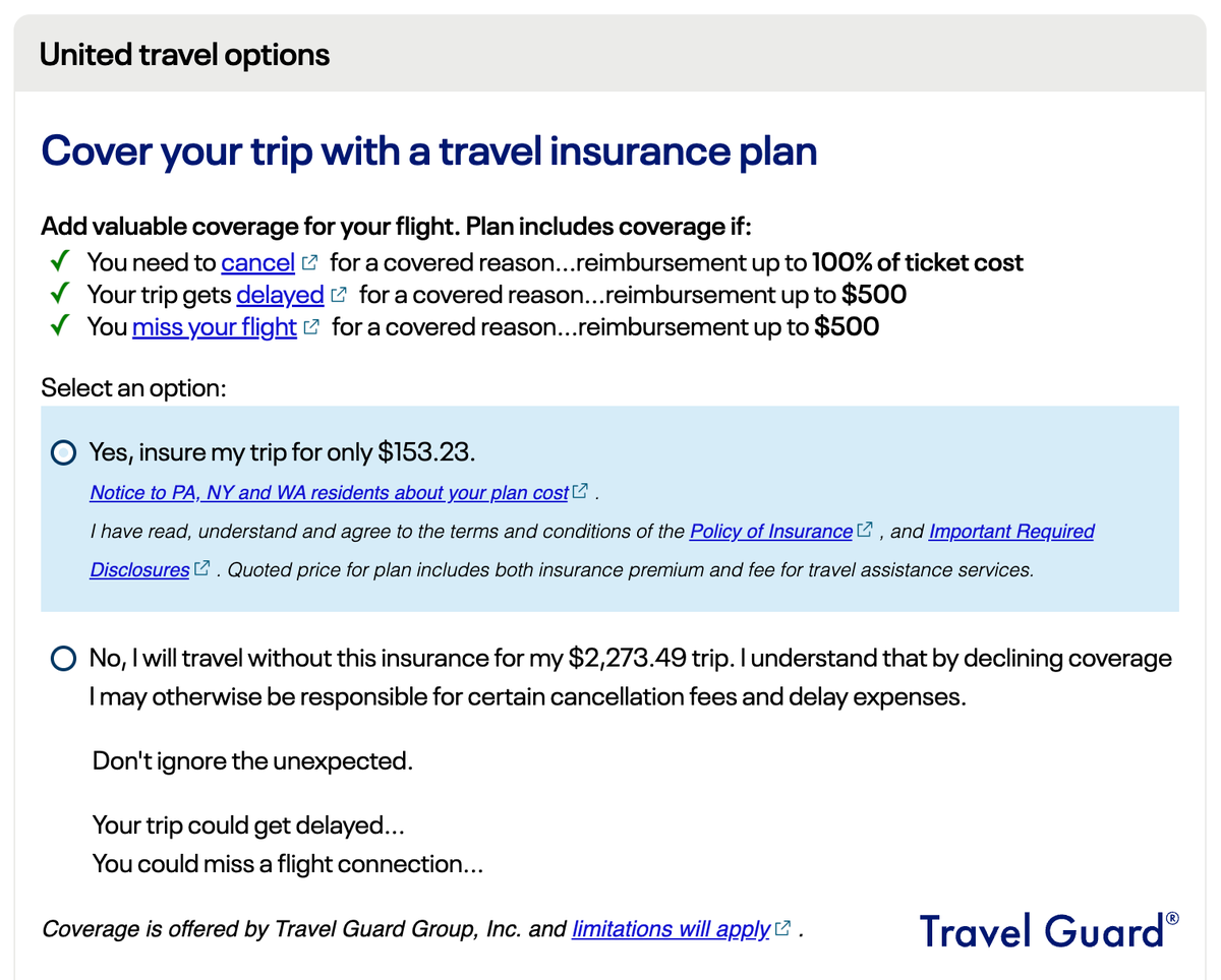 United travel insurance cost business EWR LAX