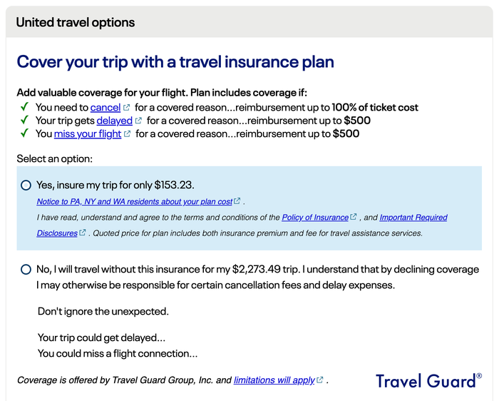 United travel insurance cost business EWR LAX United travel insurance cost business EWR LAX