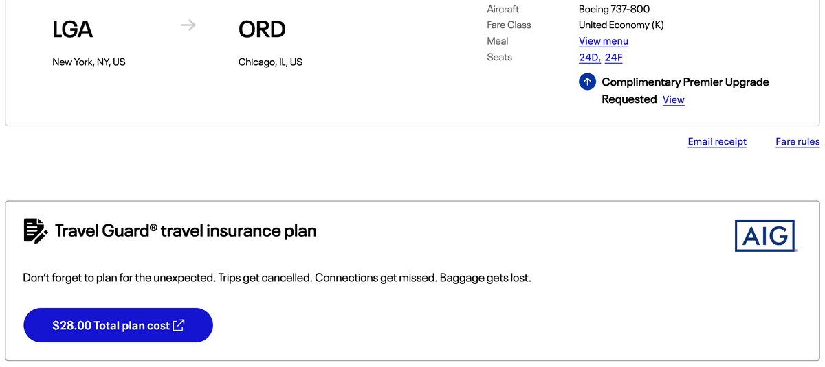 United travel insurance cost on LGA ORD one way