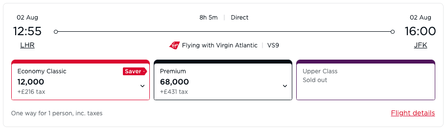 Virgin Atlantic Award Ticket From LHR to JFK
