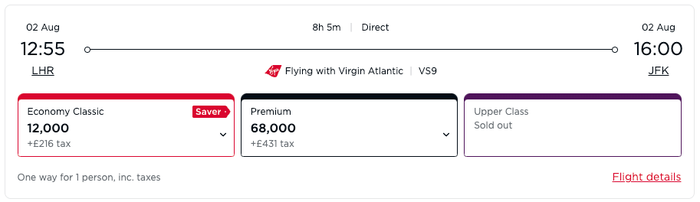 Virgin Atlantic Award Ticket From LHR to JFK Virgin Atlantic Award Ticket From LHR to JFK