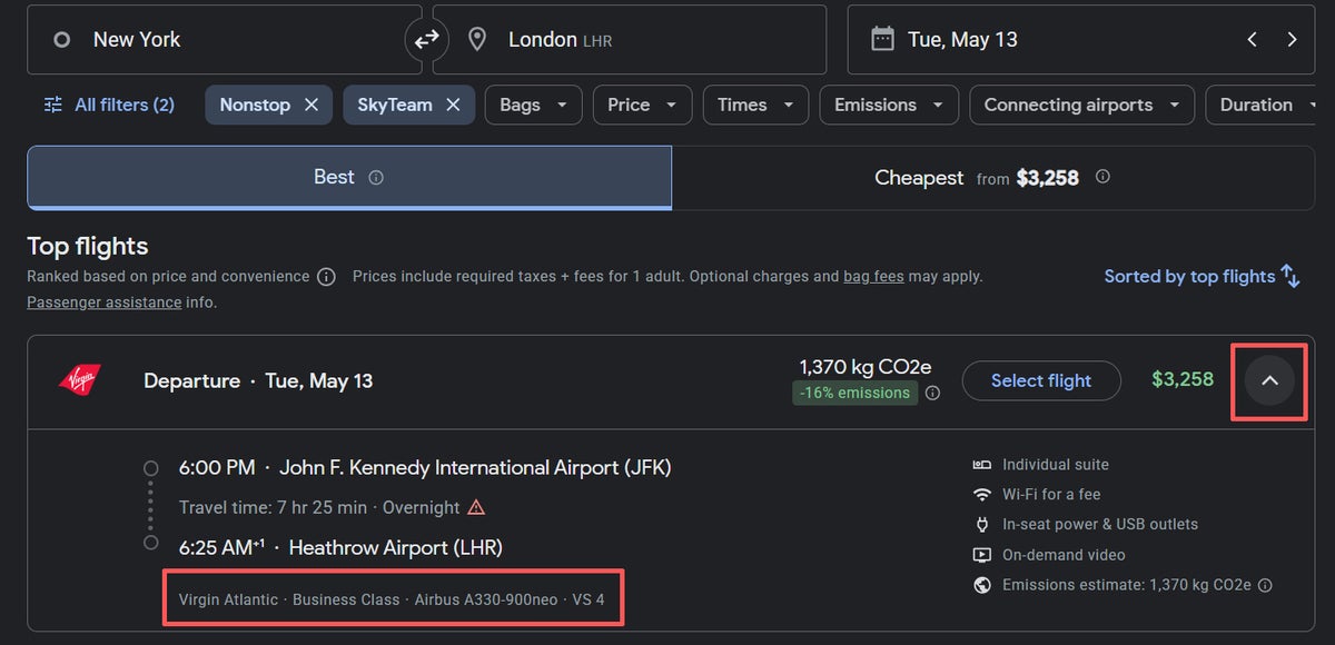 Virgin Atlantic Plane Type Google Flights