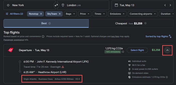 Virgin Atlantic Plane Type Google Flights