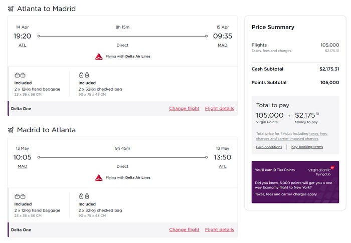 Virgin Atlantic Reward Seats ATL MAD ATL 2025