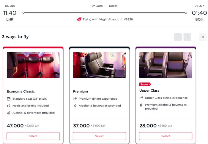 Virgin Atlantic award seat LHR BLR