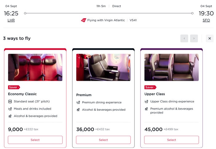 Virgin Atlantic award seat LHR SFO