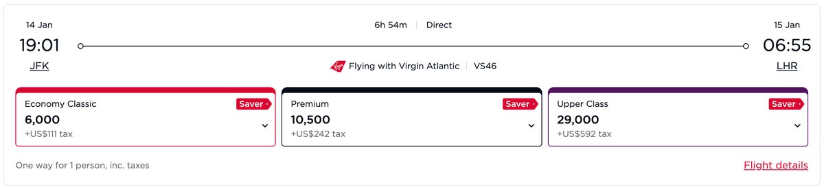 Virgin Atlantic saver award JFK LHR