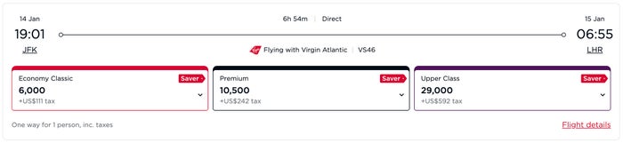 Virgin Atlantic saver award JFK LHR