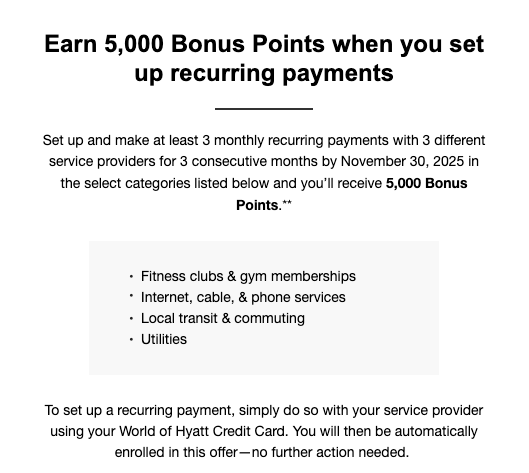 World of Hyatt Chase credit card spending offer recurring bills