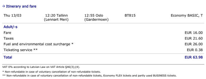 airBaltic fare invoice TLL OSL