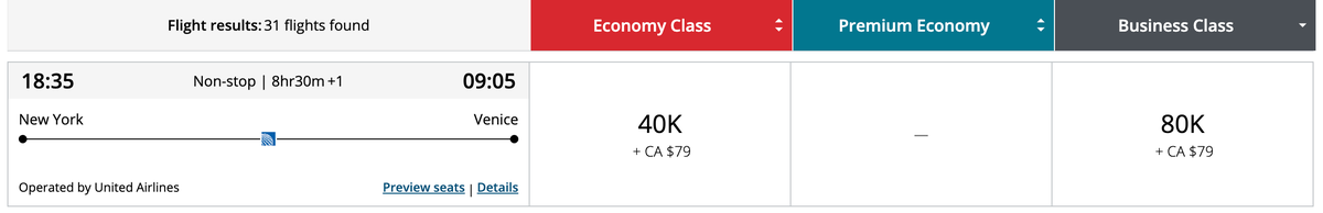 Aeroplan award 80k EWR VCE business