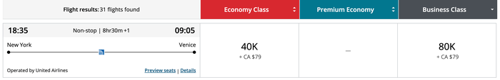Aeroplan award 80k EWR VCE business