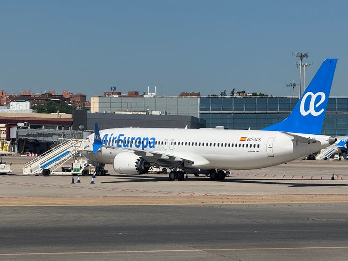 Air Europa Logo Air Europa B737 MAX 8 parked at MAD