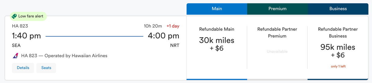 Alaska Hawaiian SEA NRT miles cost