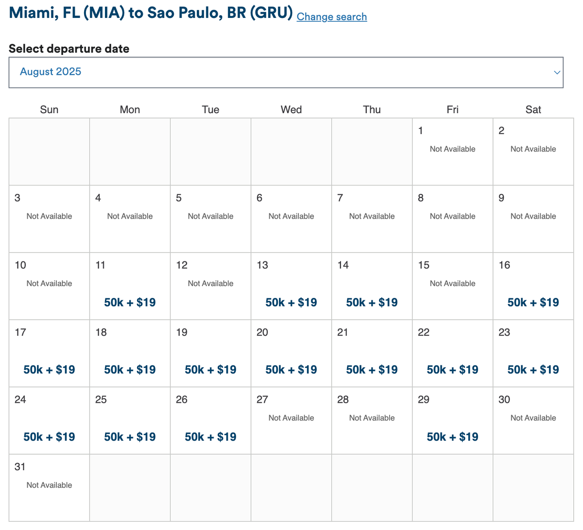 Alaska Mileage Plan availability calendar August 2025 MIA GRU