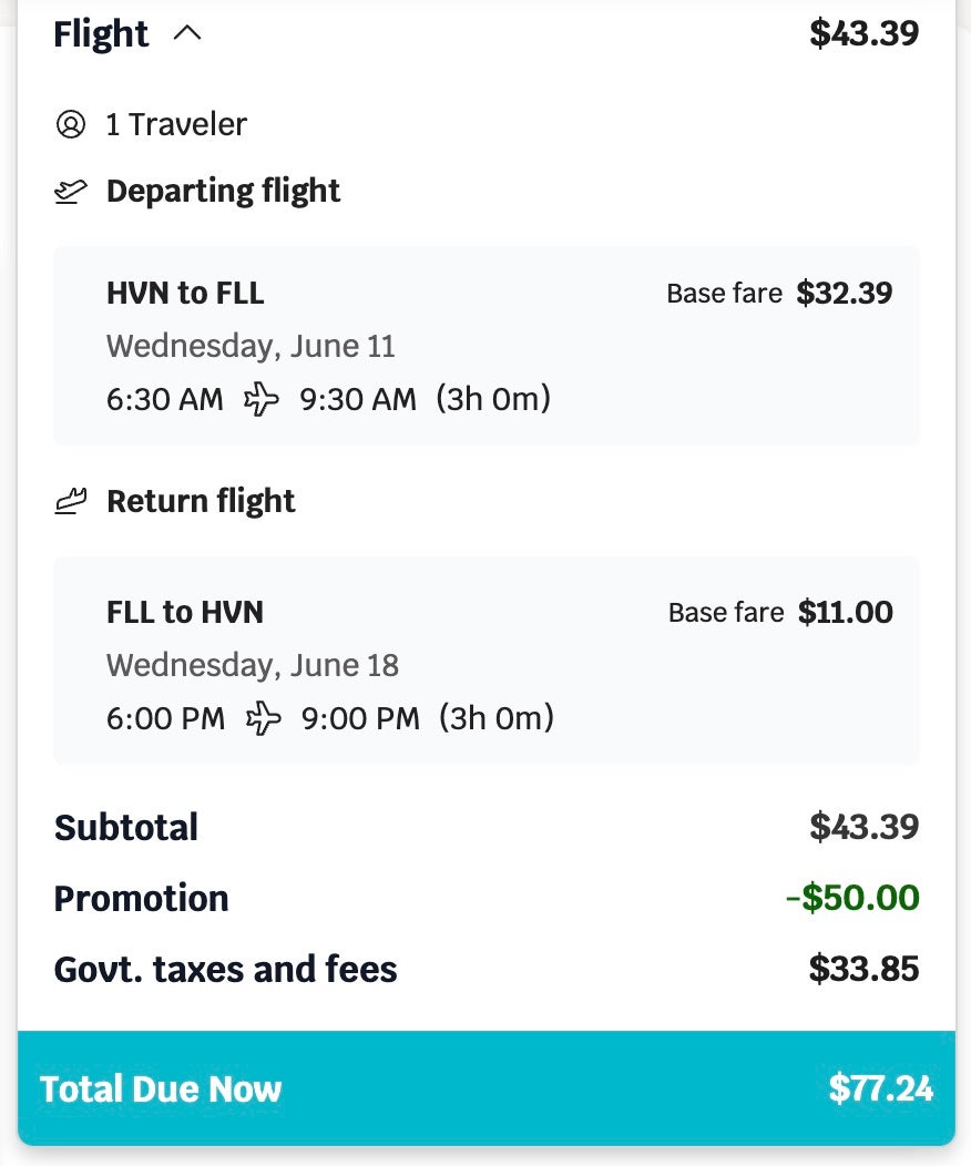 HVN-FLL flight cost using promo code