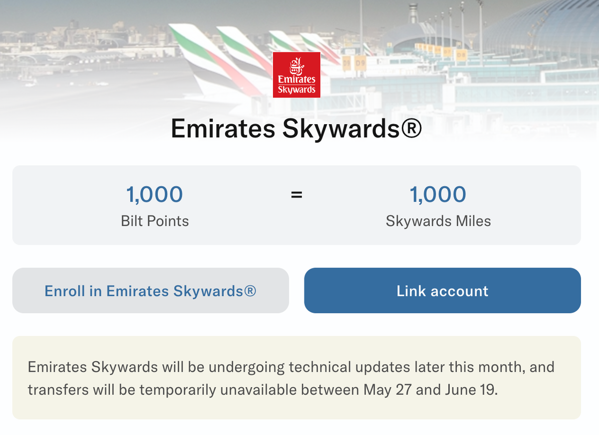 Bilt Emirates transfers pause