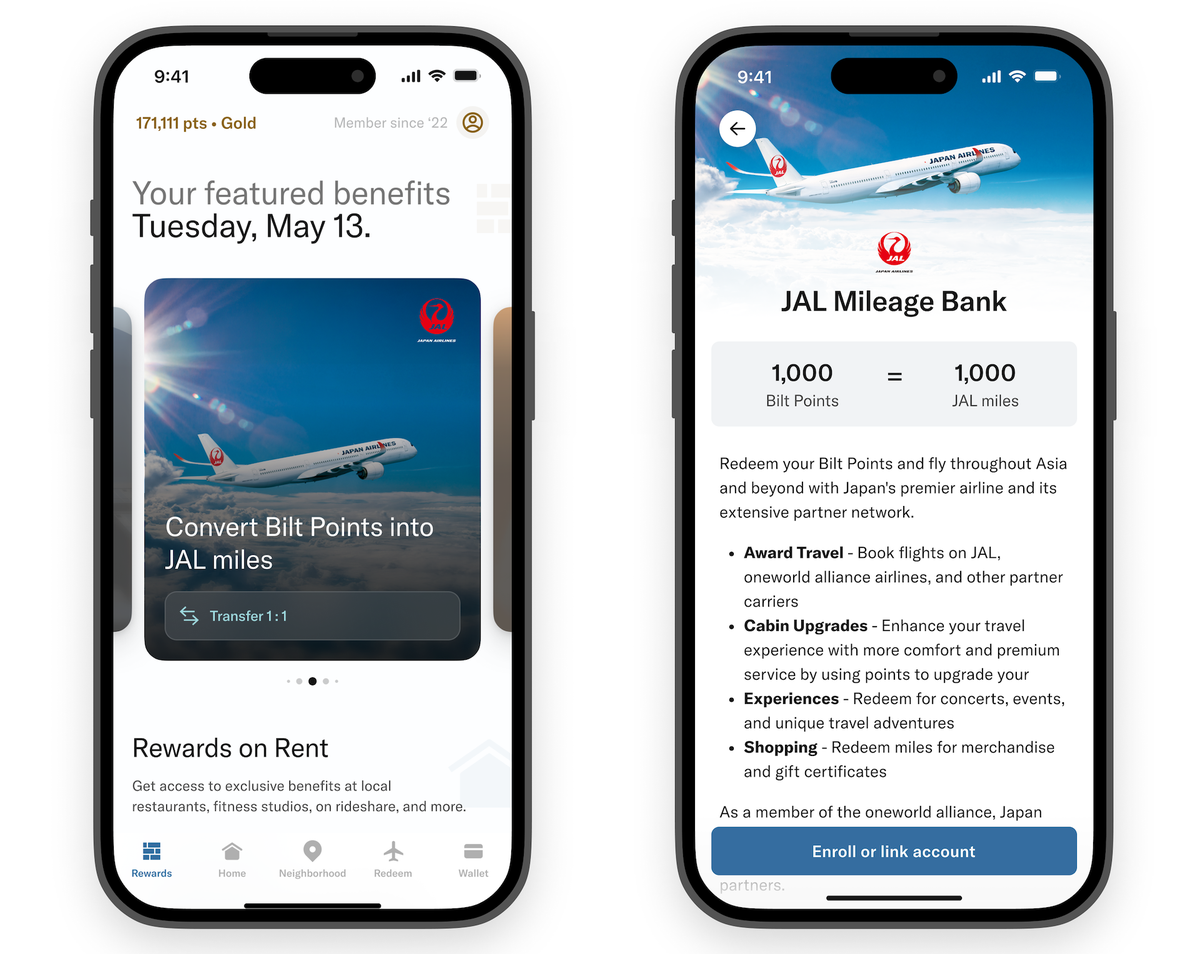 Bilt Japan Airlines transfer mockup