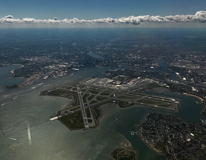 Boston Logan BOS airport runways overhead view Boston Logan BOS airport runways overhead view