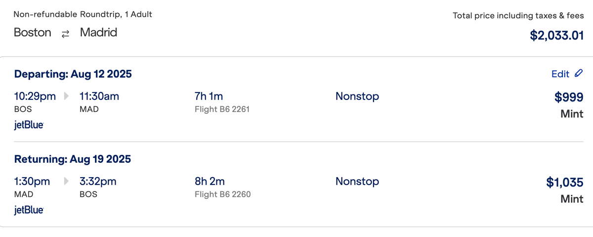 Boston to Madrid with JetBlue in MINT price
