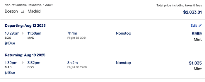 Boston to Madrid with JetBlue in MINT price