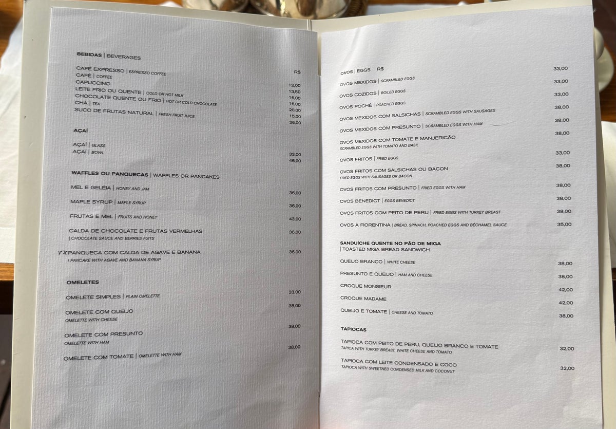 Breakfast menu at the Hotel Fasano Rio de Janeiro