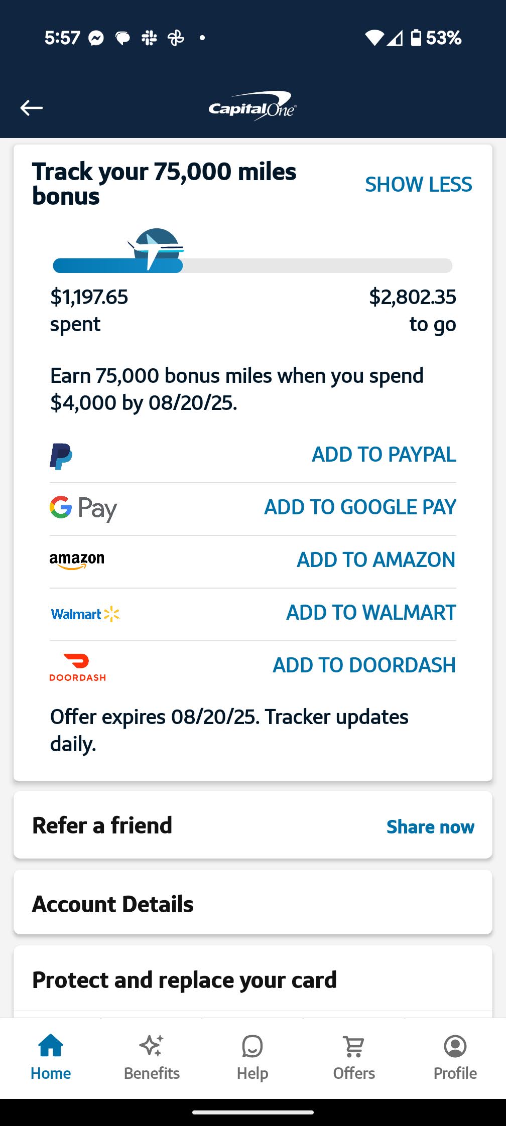 Capital One mobile app welcome offer tracking