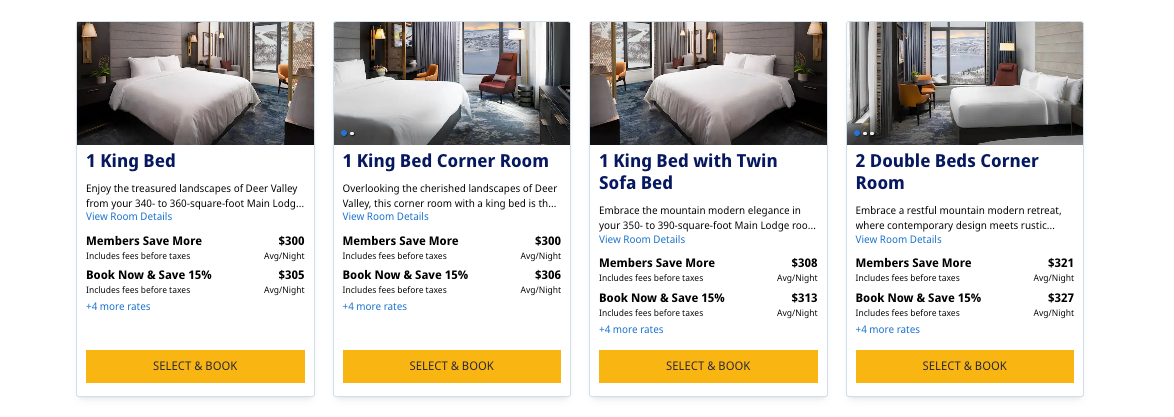 Cash rates standard rooms GH Deer Valley Hyatt
