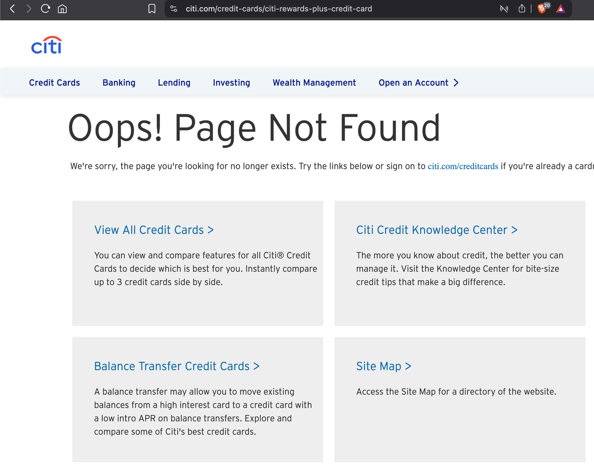 Citi Rewards card error page