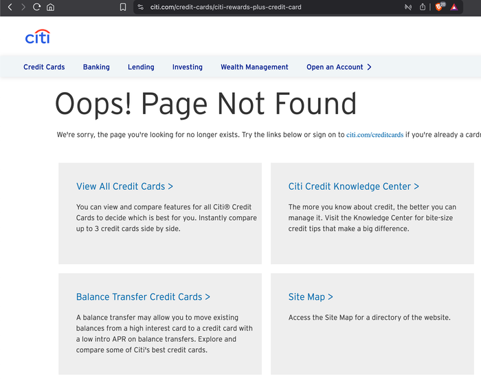 Citi Rewards card error page