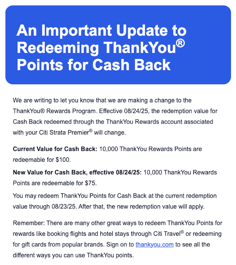 Citi Strata Premier points cash out rate change 2025