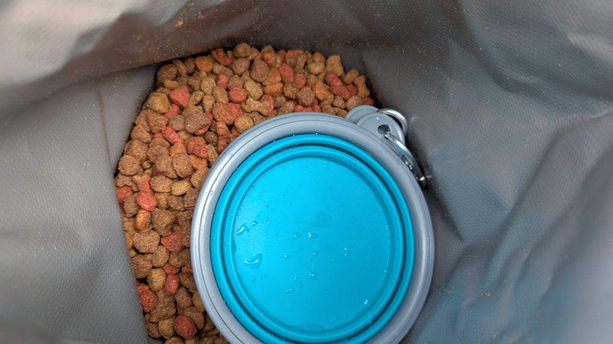 Collapsible dog food bowls inside dog food storage bag